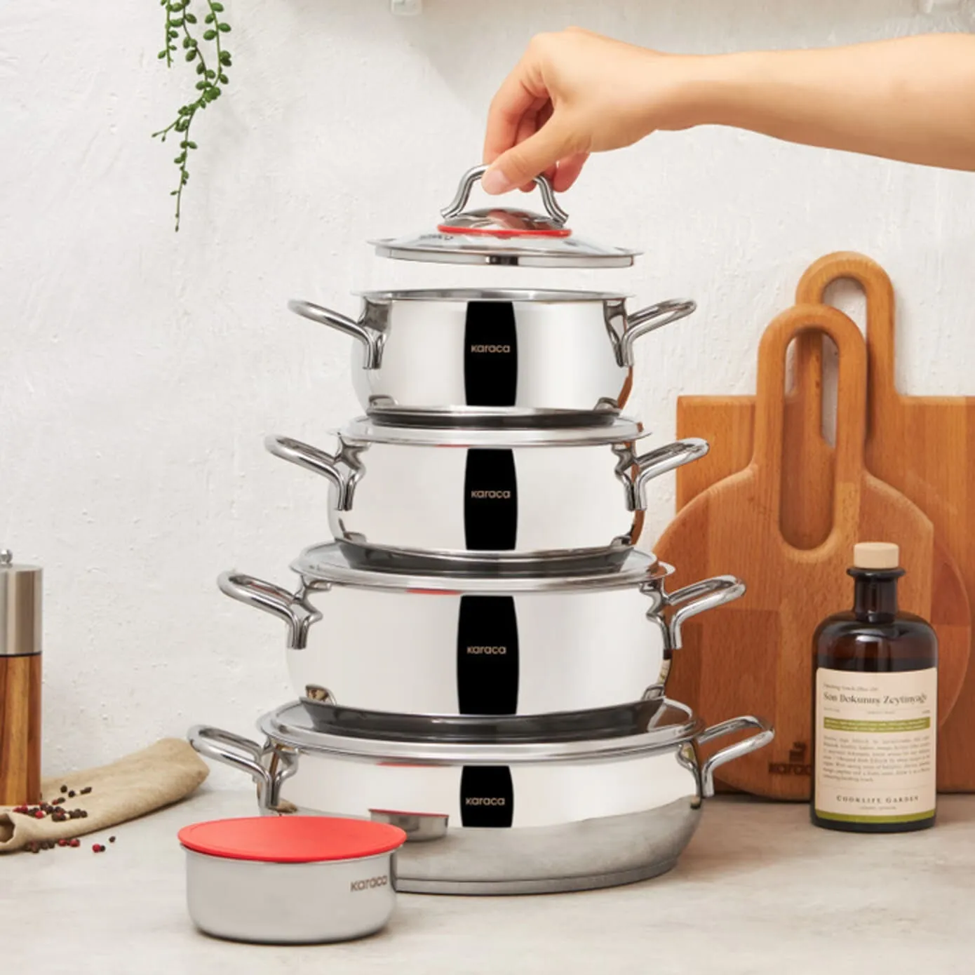 Batterie de cuisine Karaca Emirgan XL avec couvercle de rangement, fond à induction en acier, 10 pièces - Image 3