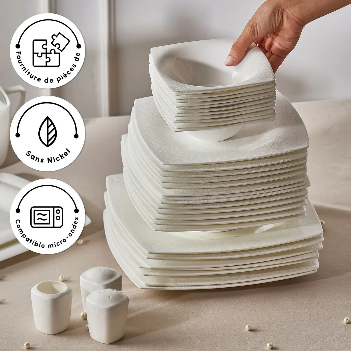 Karaca Fine Pearl Helen Service de Table Carré en Perle 58 Pièces pour 12 Personnes - Image 5