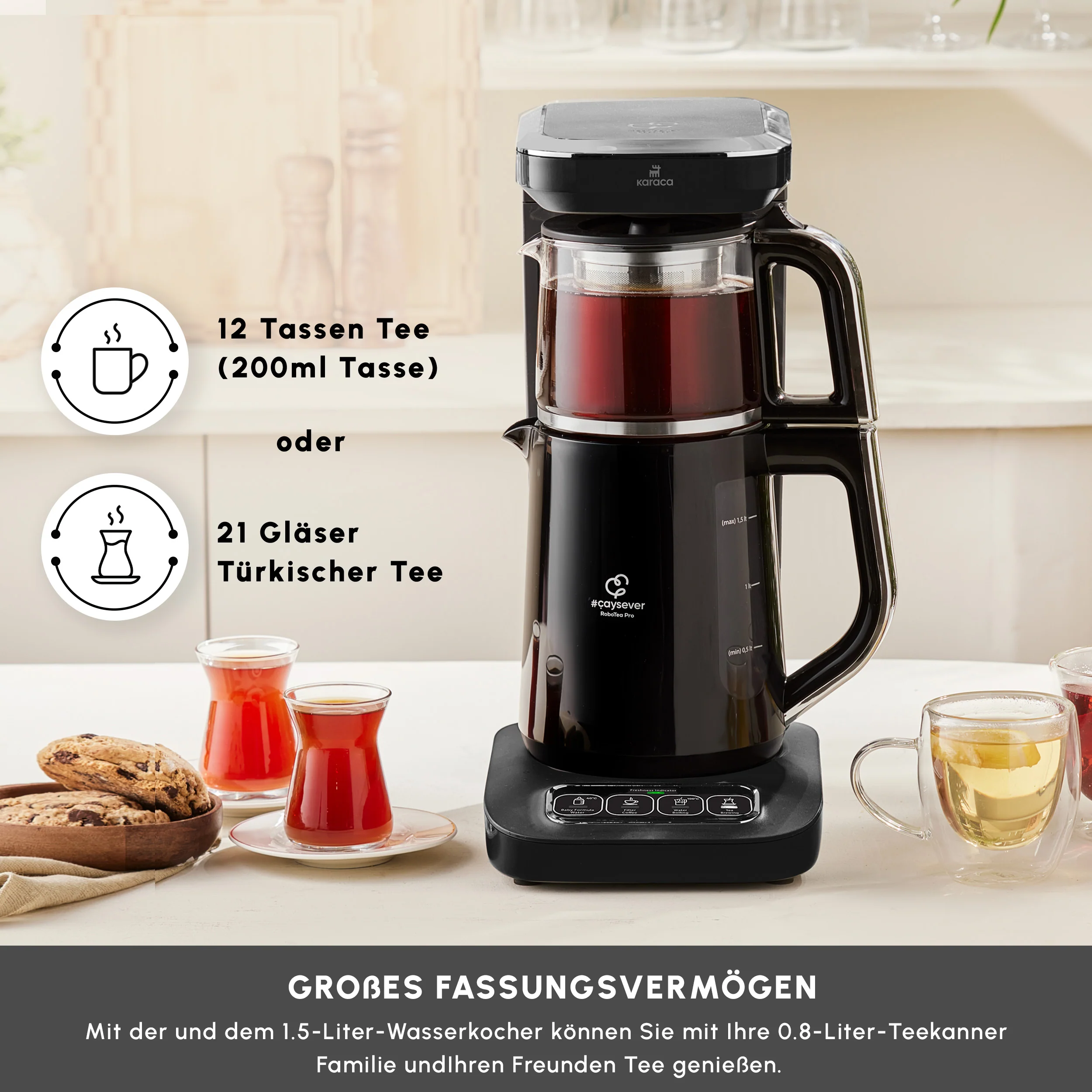 Théière Bouilloire et cafetière filtre Karaca Caysever Robotea Pro 4 en 1 automatique parlant, 2500W, chrome - Image 3