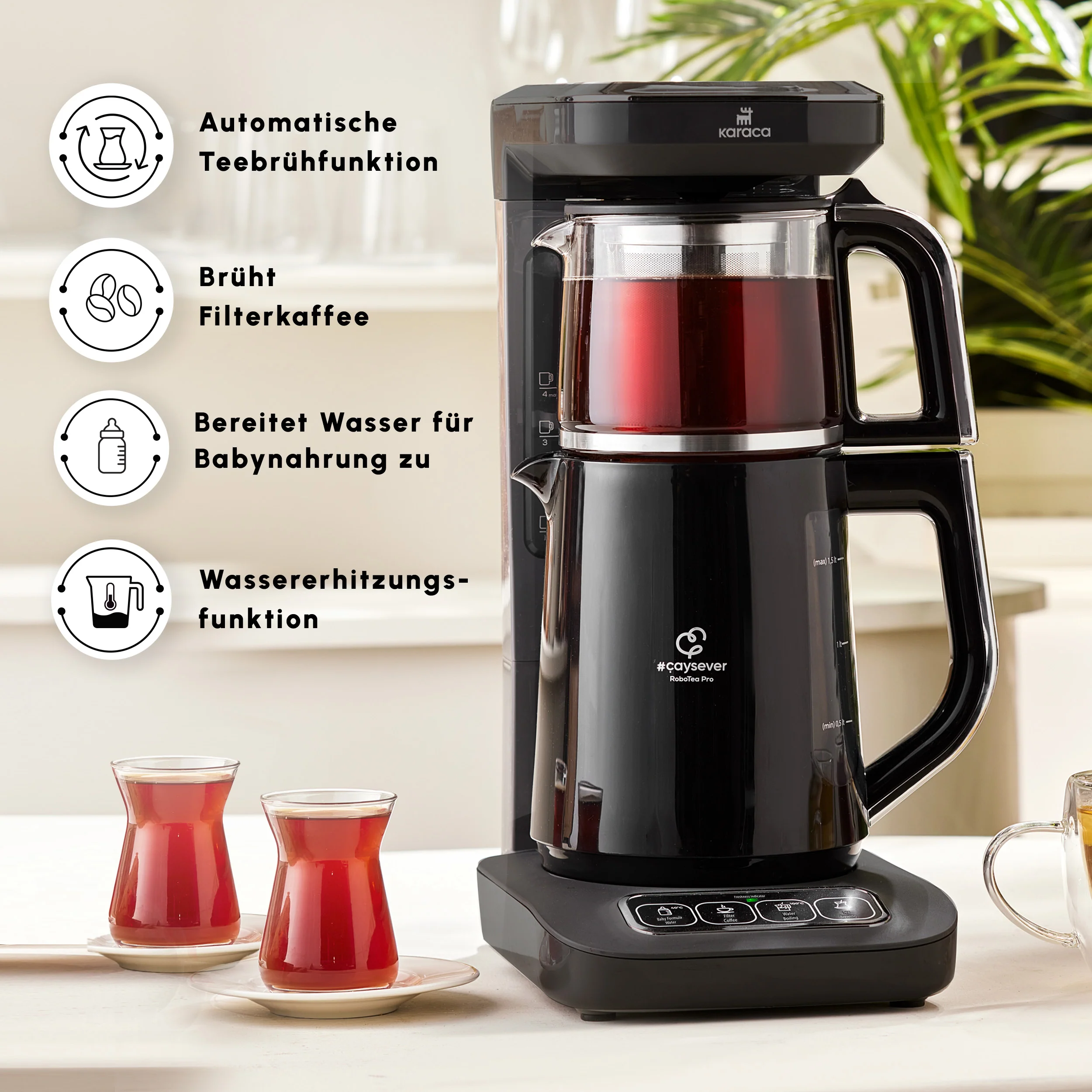 Théière Bouilloire et cafetière filtre Karaca Caysever Robotea Pro 4 en 1 automatique parlant, 2500W, chrome - Image 4