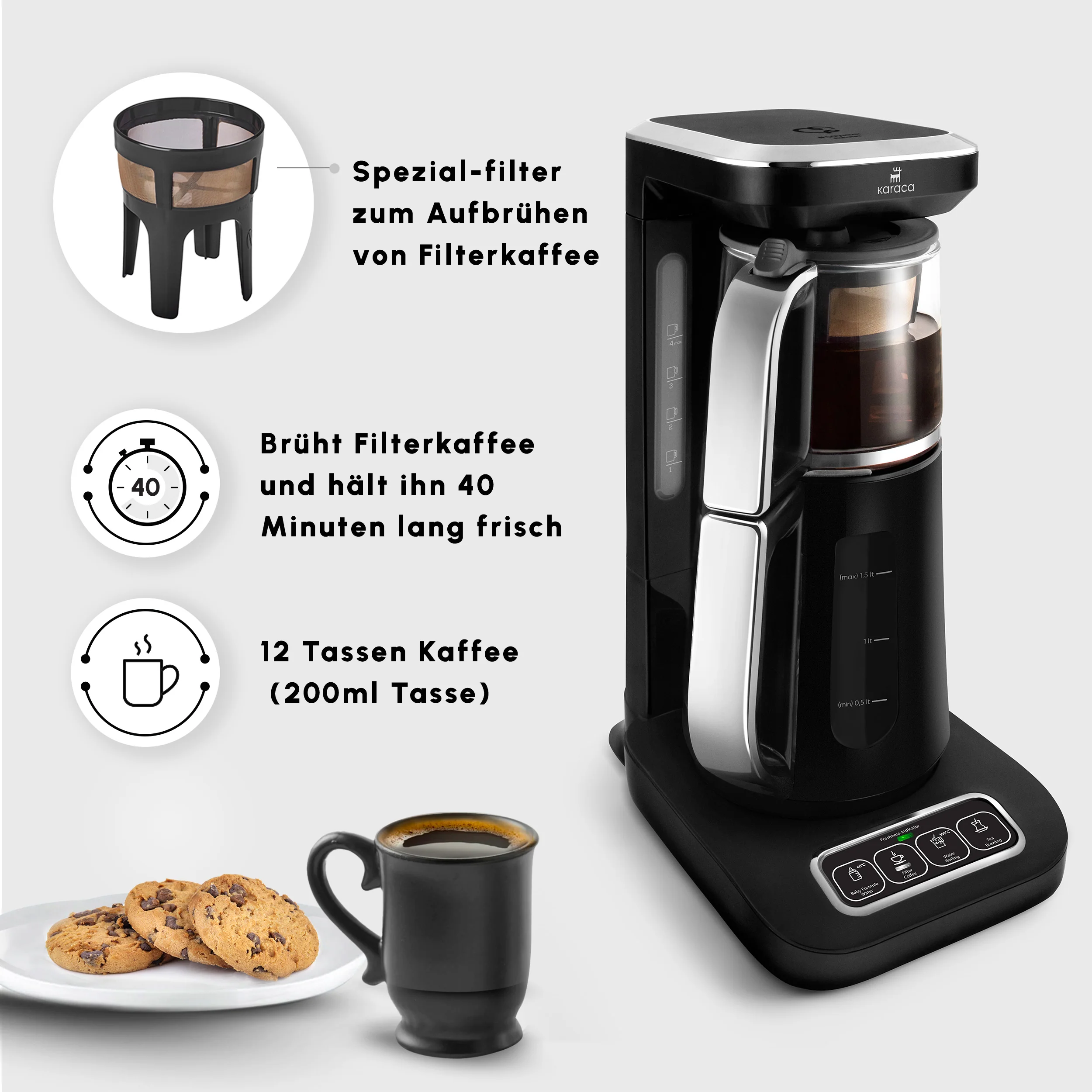 Théière Bouilloire et cafetière filtre Karaca Caysever Robotea Pro 4 en 1 automatique parlant, 2500W, chrome - Image 8