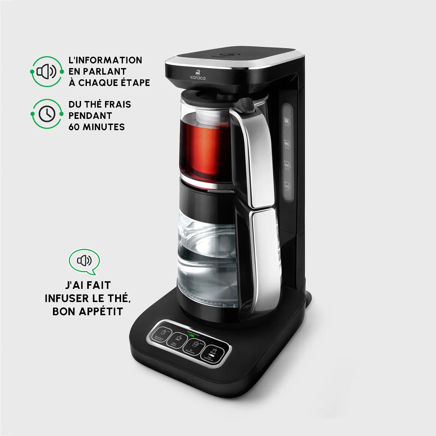 Théière Bouilloire et cafetière filtre Karaca Caysever Robotea Pro 4 en 1 automatique parlant, 2500W, noir chromé - Image 3