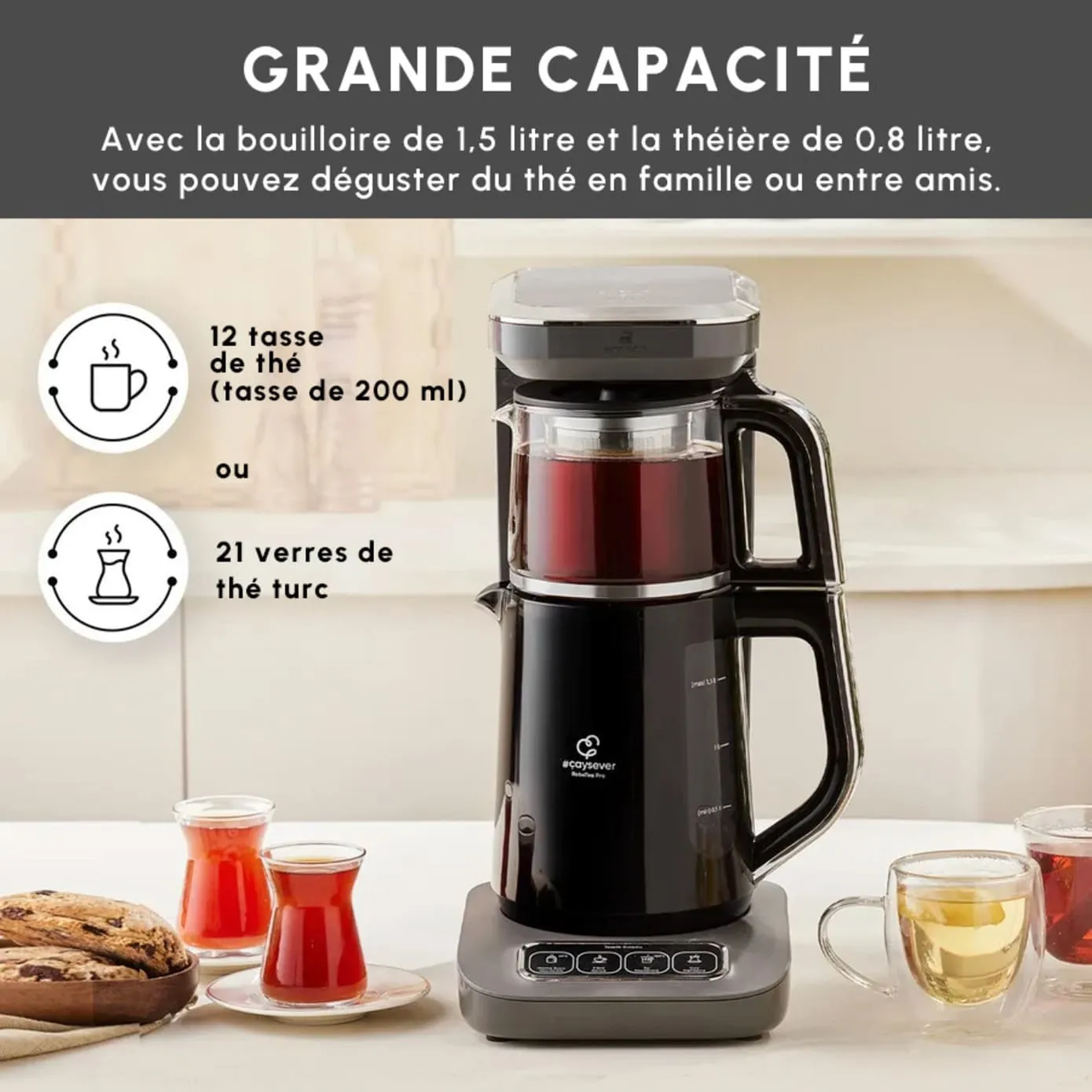 Théière Bouilloire et cafetière filtre Karaca Caysever Robotea Pro 4 en 1 automatique parlant, 2500W, space grey - Image 3