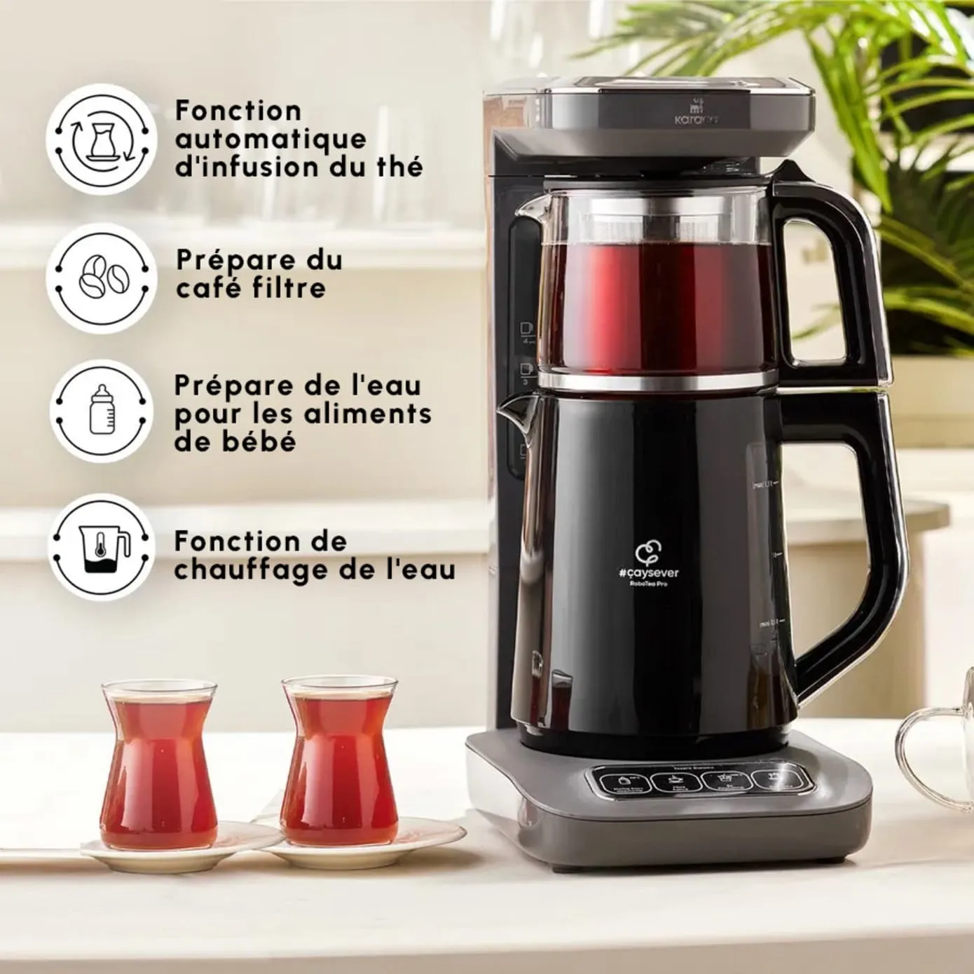Théière Bouilloire et cafetière filtre Karaca Caysever Robotea Pro 4 en 1 automatique parlant, 2500W, space grey - Image 6